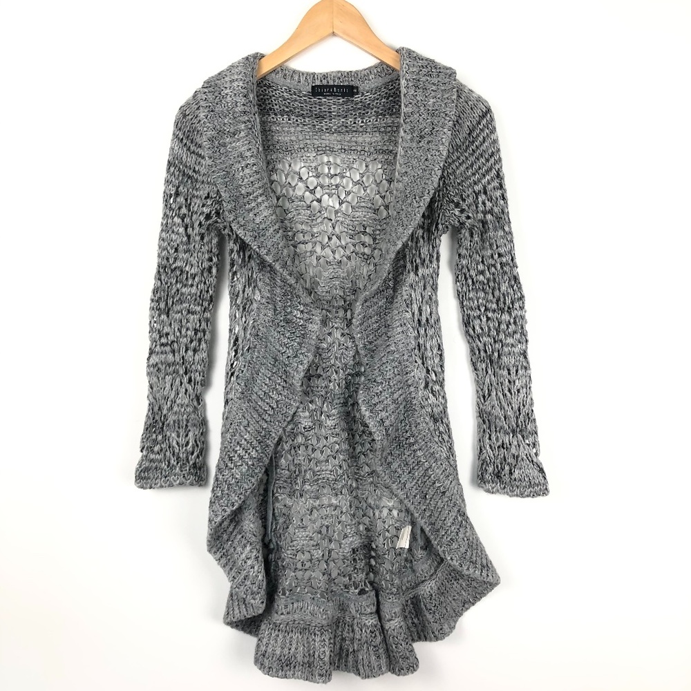 ChiaraMente Open Knit Ruffled Edge Long Cardigan